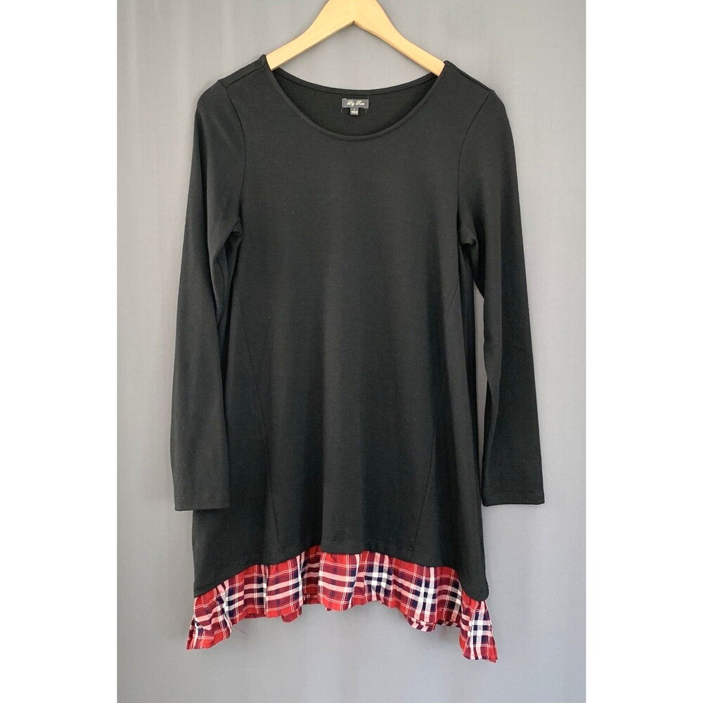 Lily Rose Ruffled Layered Knit Tunic Top Large Black Red Plaid Academia Holiday
